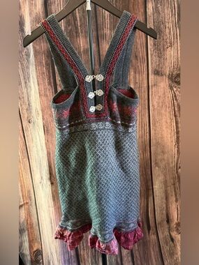 Free People Gray Knit Suspender Dress with Red Trim